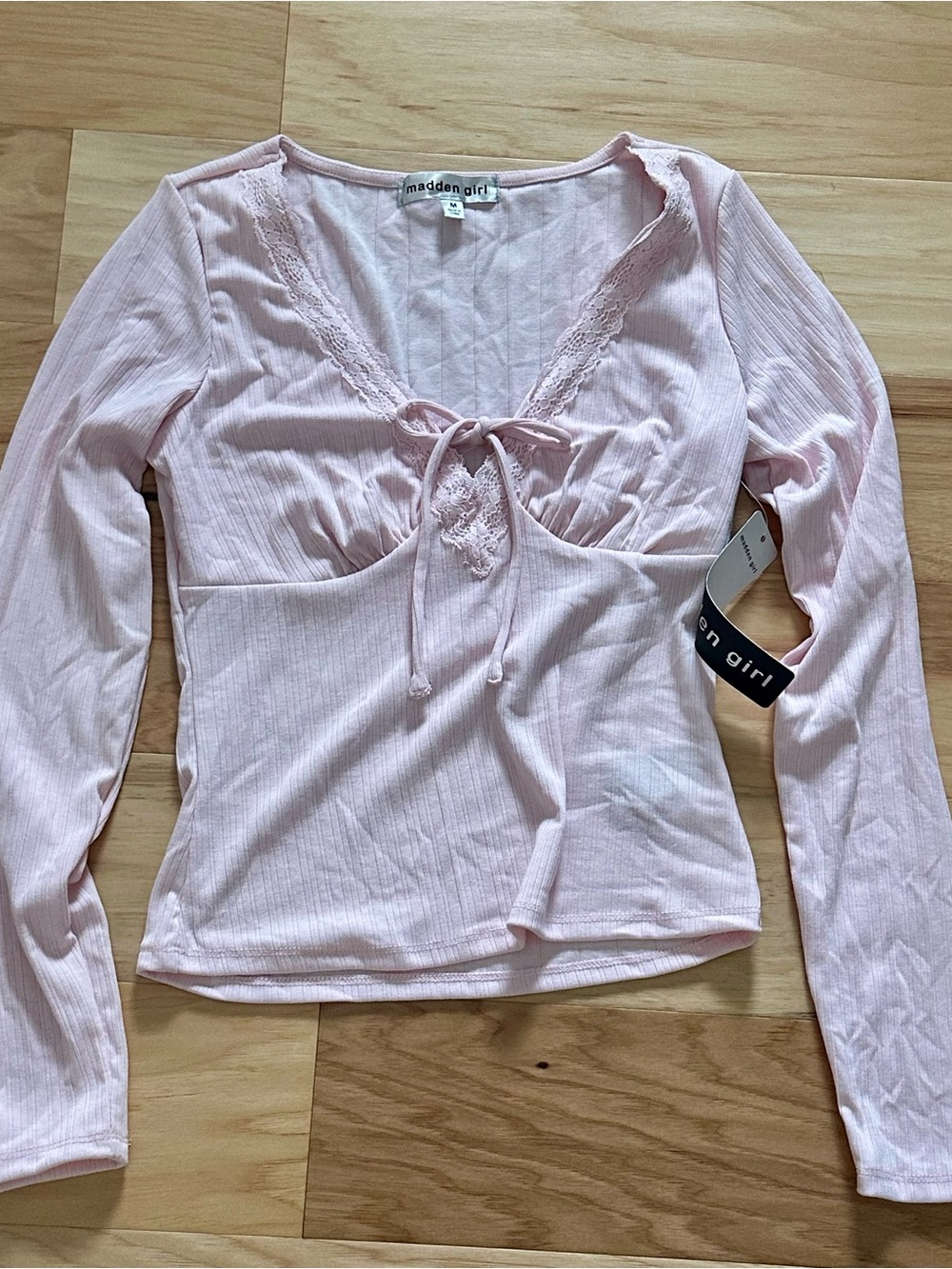 Madden Girl Baby Pink Lace Tie-Front Long Sleeve Top